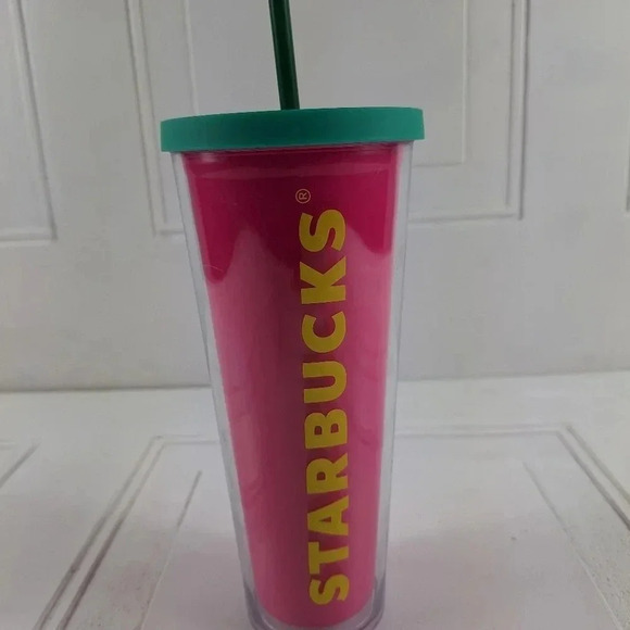 Starbucks 2014 Pink and Green top and Straw with Yellow Starbucks Letters 24 Oz. - Picture 8 of 8